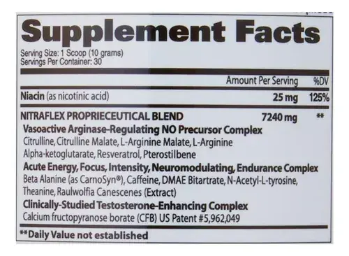 Pre entreno Nitraflex 30 serv Fruit Punch tabla nutricional.webp